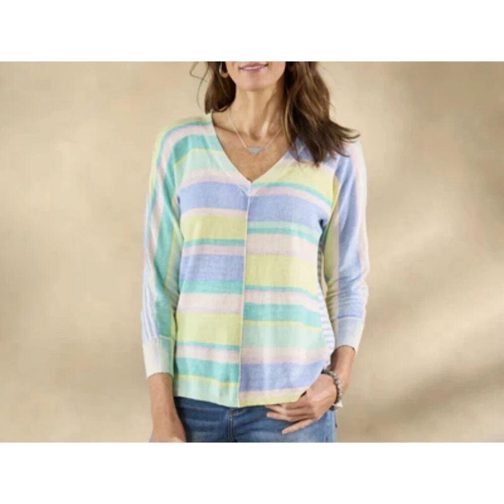 Sundance Women Size XS Johanna Striped Sweater V-Neck Lightweight Cotton Knit